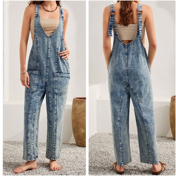 Vintage Wash Pocket oversized Jean Denim Overalls - Picture 1 of 5